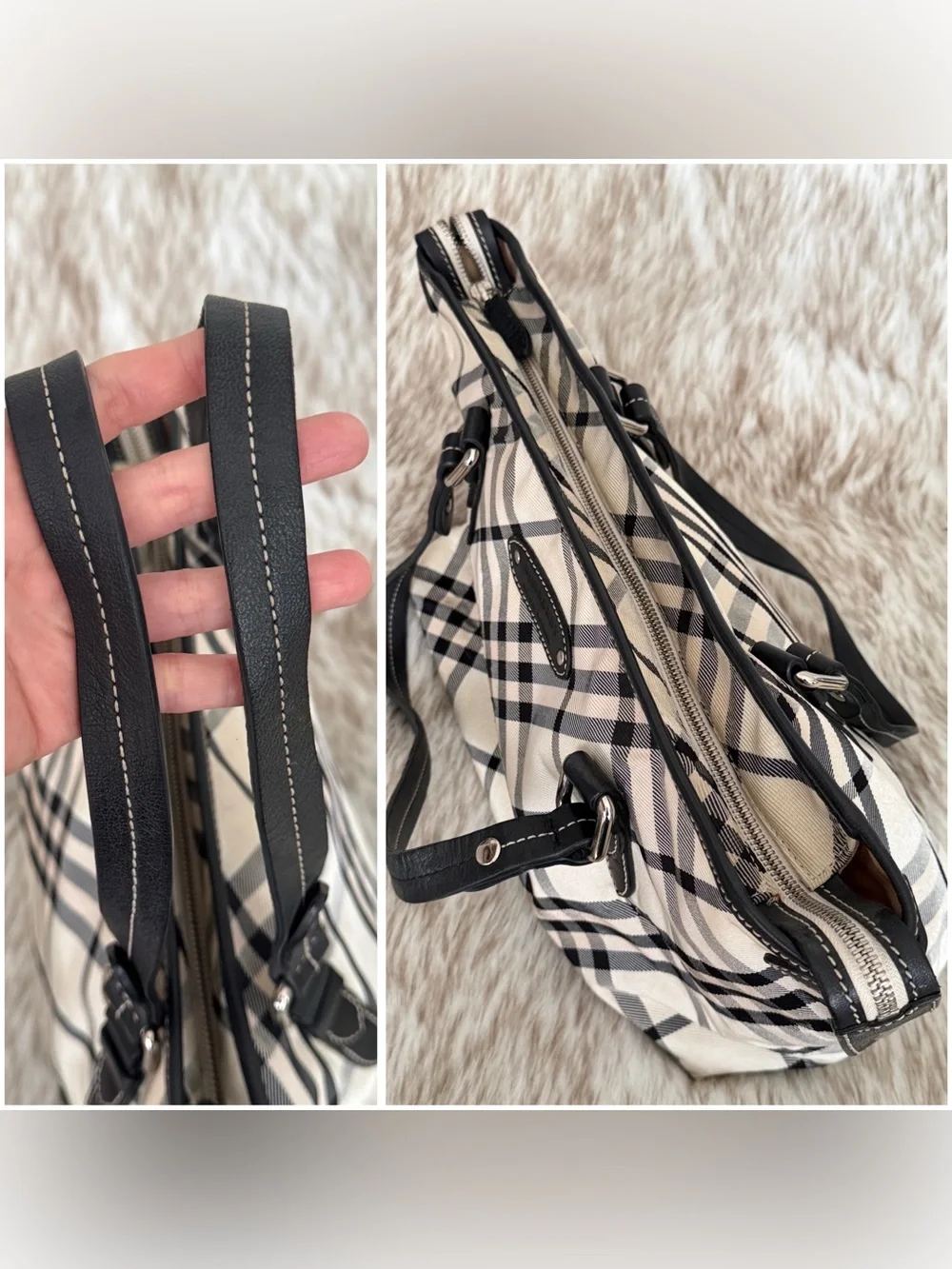 Vintage Burberry London Blue Label Black & Cream Check Shoulder Tote Bag